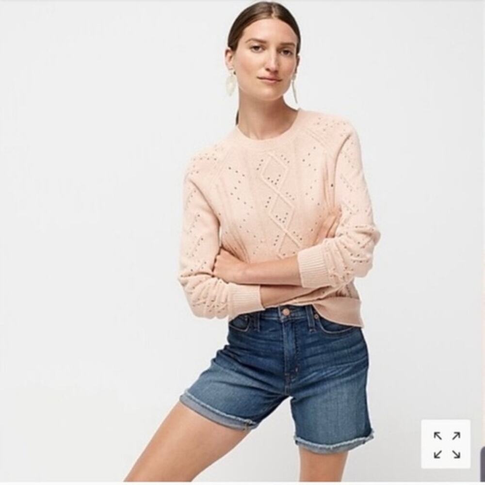 J.Crew Women's Pale Peach Cable Pointelle Cotton Crewneck Sweater Size Small